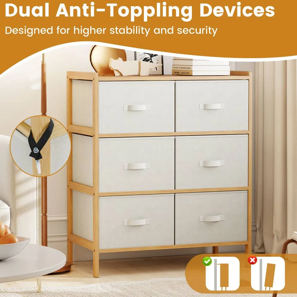 Costway 6-Drawer Dresser for Bedroom Bamboo Storage Tower Organizer Closet in Khaki 6