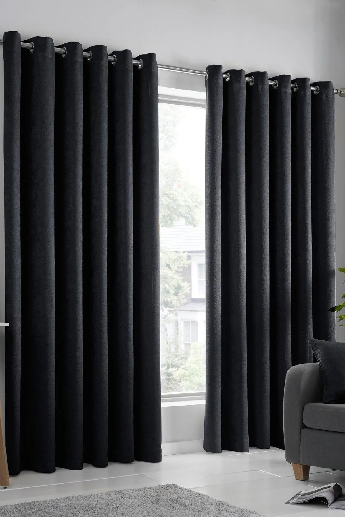 Fusion 'Strata' Triple-Woven Dimout Eyelet Curtains in Black