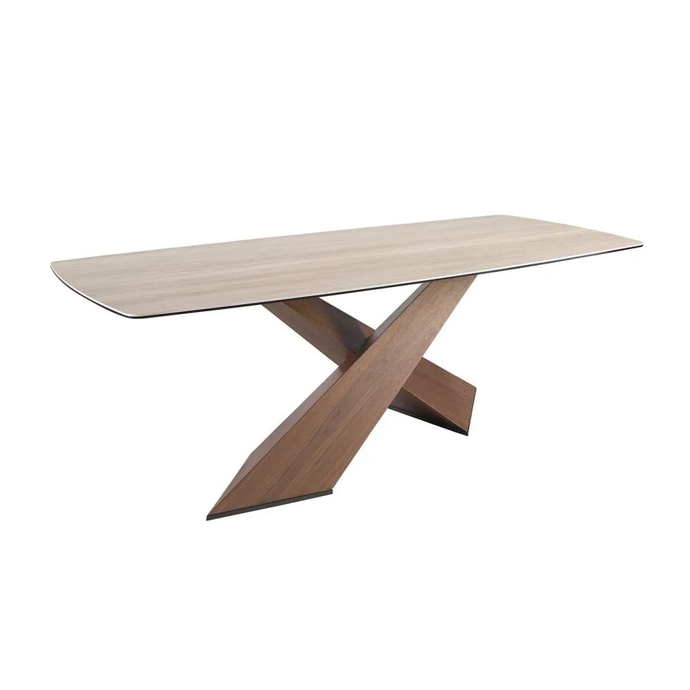 Angel Cerda Oval dining table with barrel-shaped porcelain marble & walnut top in Light Sand