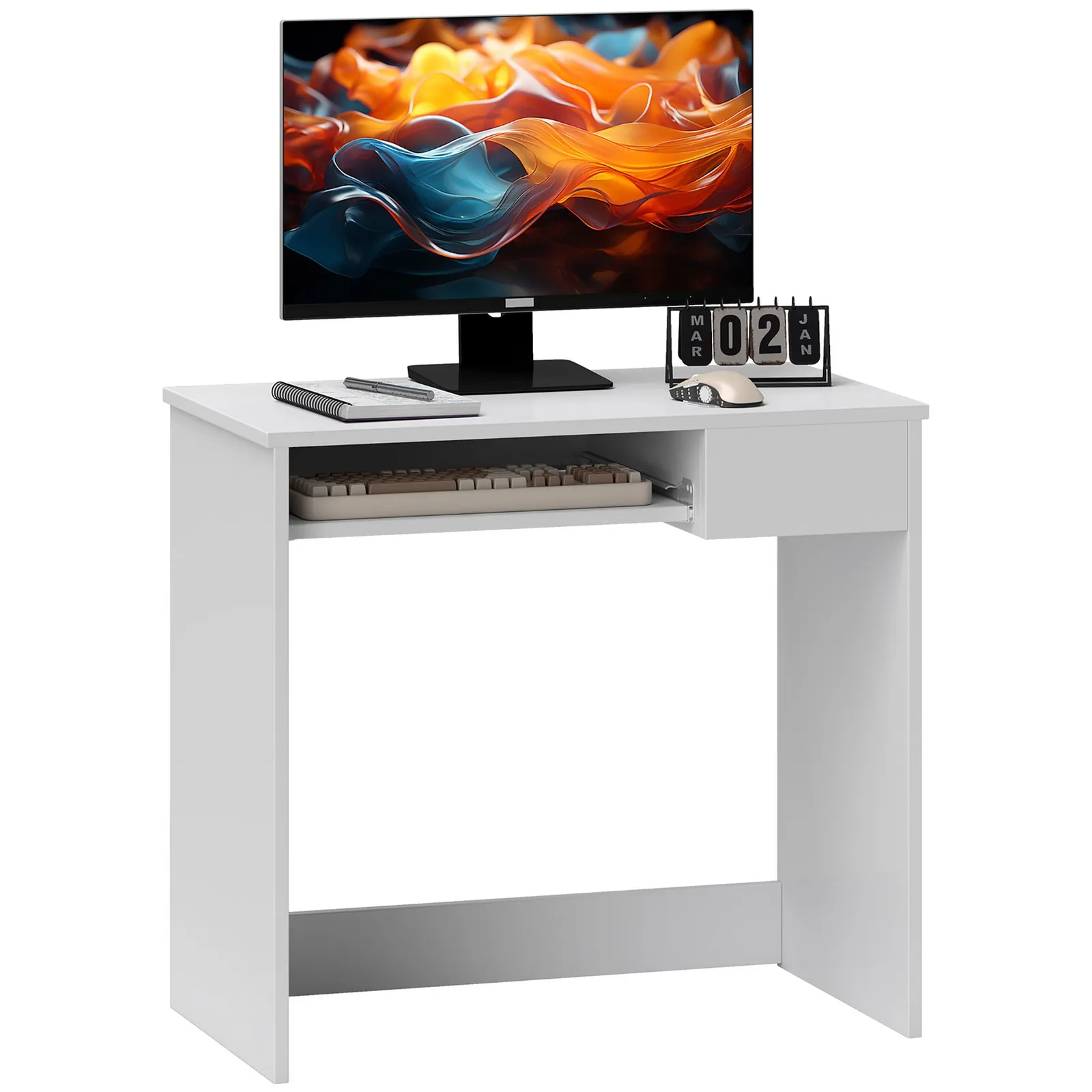 HOMCOM Compact Computer Table w/ Keyboard Tray Drawer Study Office Work in White 2