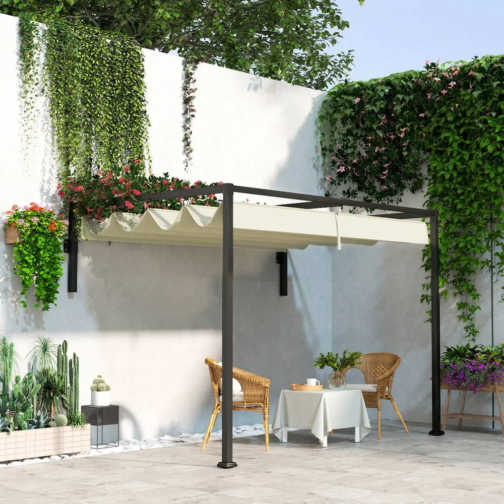 OUTSUNNY 2 x 3(m) Wall Mounted Pergola with Retractable Roof, Khaki
