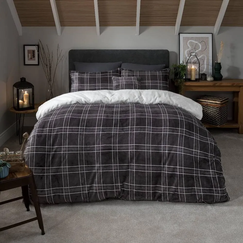 Smart Living Luxury Check Printed Flannel Fleece Duvet Cover with Pillowcases in Grey 1