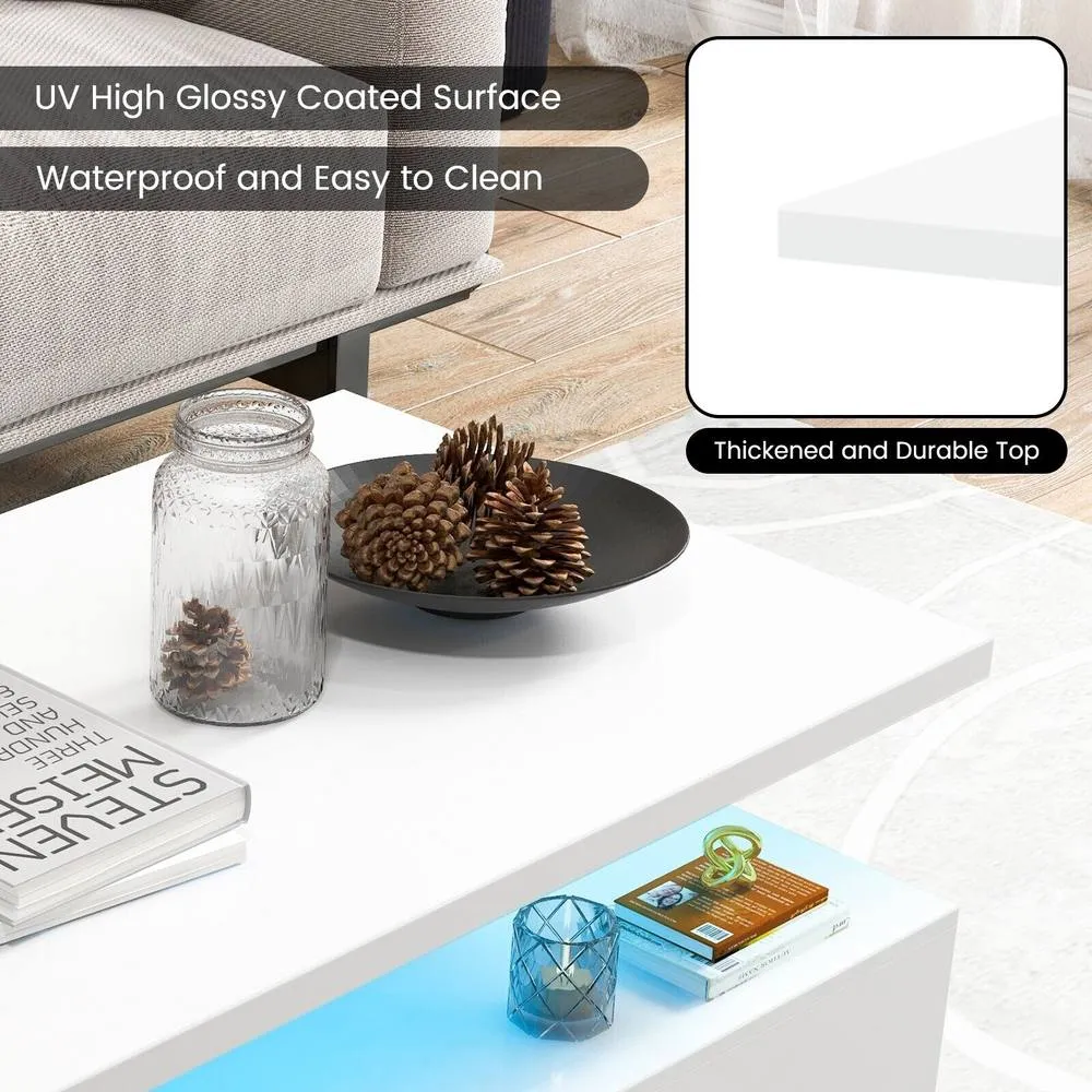 Costway 2-Tier Coffee Table Modern Cocktail Table Side Table W/ LED light in White 6