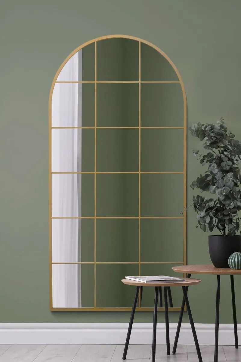MirrorOutlet Gold Metal Framed Arched Window Wall Mirror 71" X 35" (180CM X 90CM)