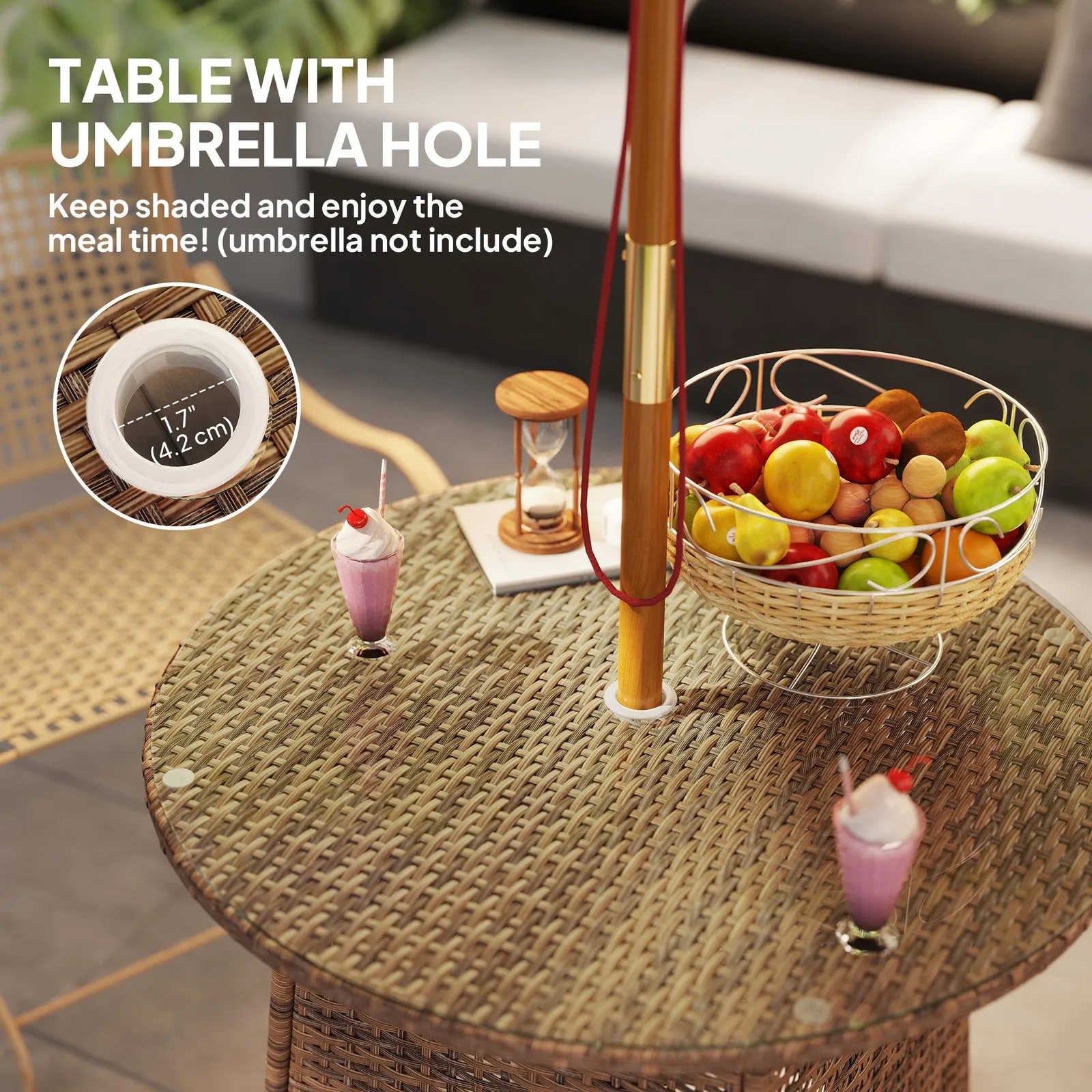 OUTSUNNY Wicker Garden Rattan Table with Umbrella Hole & Tempered Glass Top in Brown 5