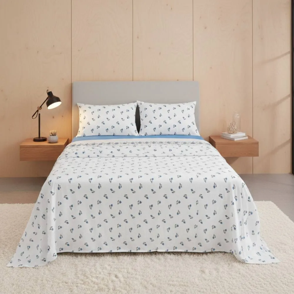 Snug City Soft Flower Print Brushed Cotton Fitted Flat Sheet Matching Pillowcase in Blue