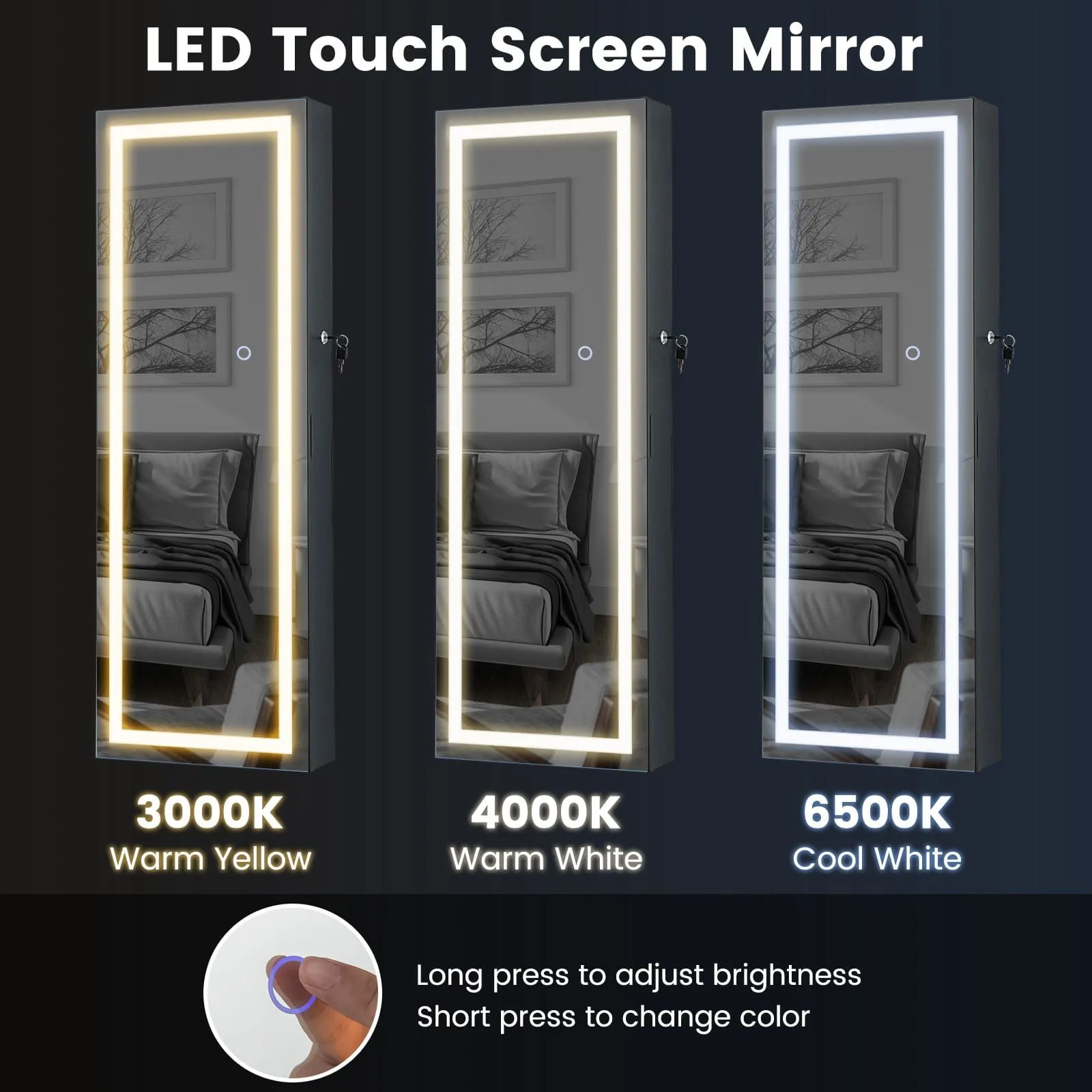 Costway 108cm Jewelry Mirror Cabinet Lockable Jewelry 3-Color LED Lights-Black in Black 5