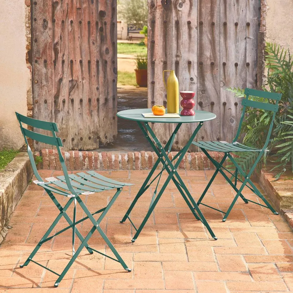 sweeek Round folding metal bistro garden table with 2 chairs in Teal 3
