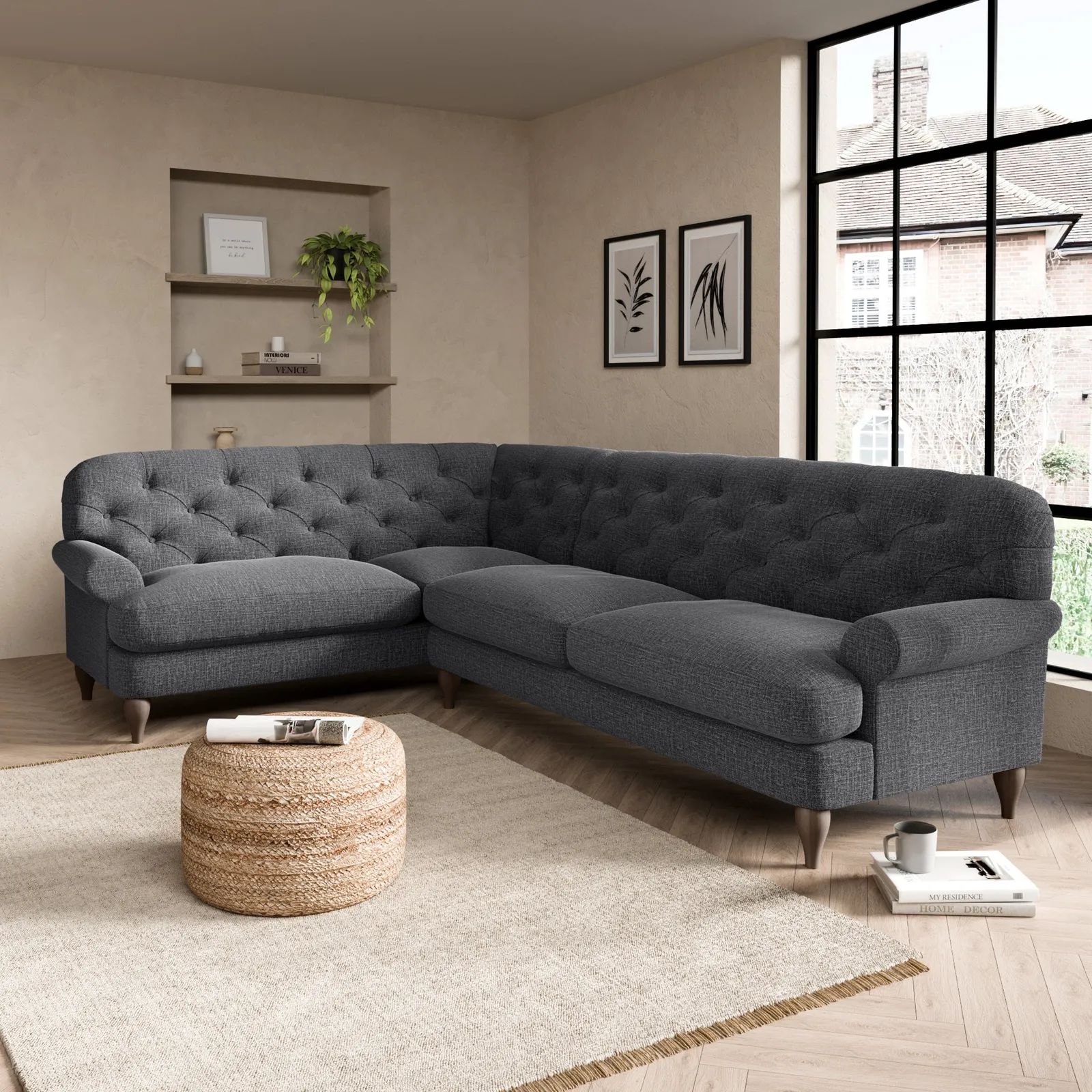 Canterbury Slub Cotton Blend Left Hand Corner Sofa Slub Cotton Black