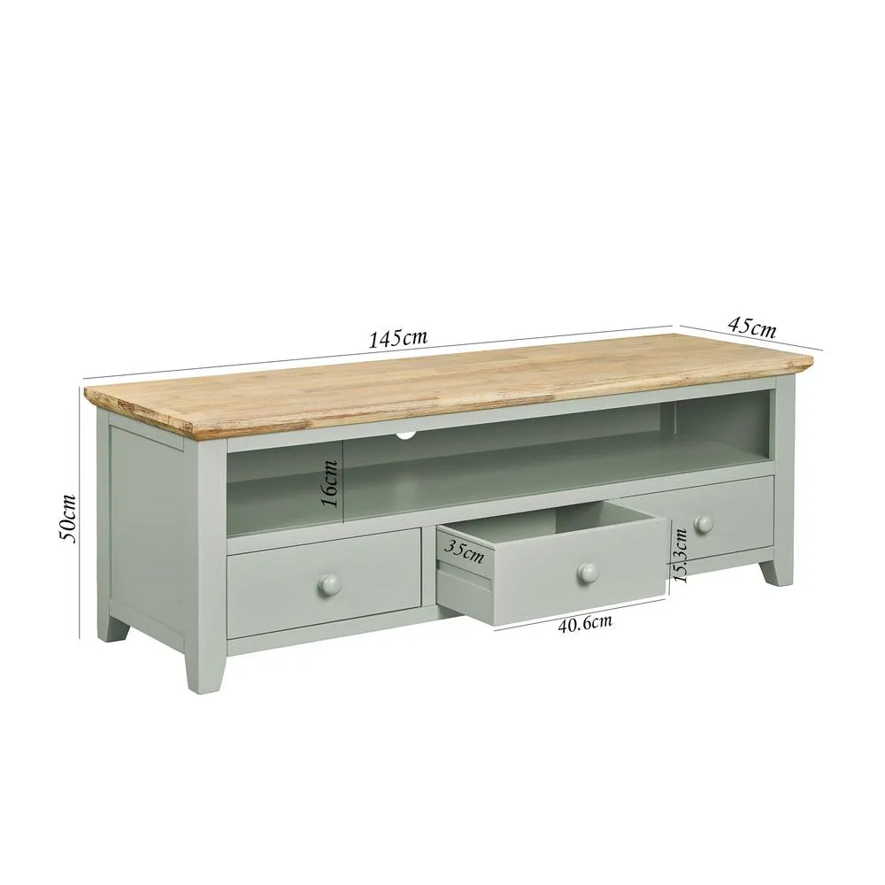 Statement Furniture Florence Large TV Stand with 3 Drawers & Shelf in Light Green 3