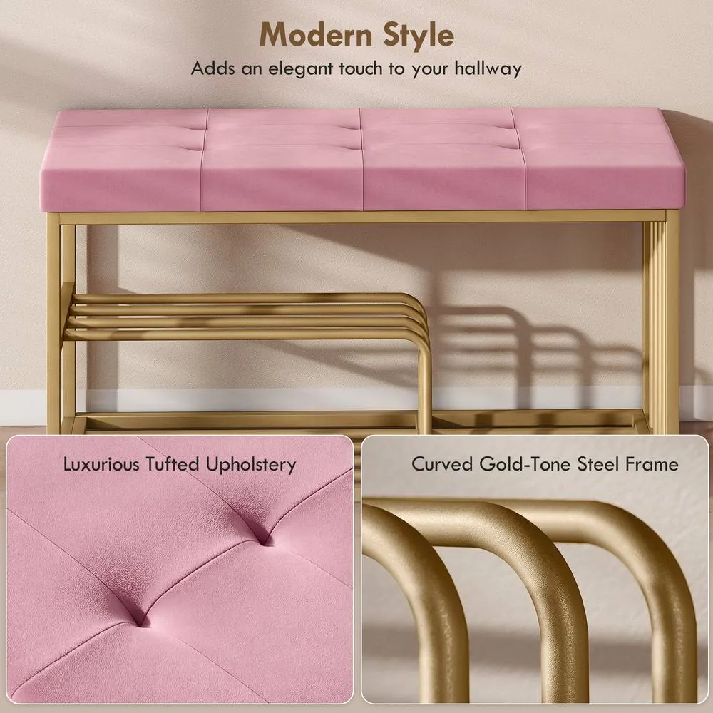 HOMCOM Shoe Storage Bench with Seat Cushion Tufted Shoe Rack Bench in Pink 4