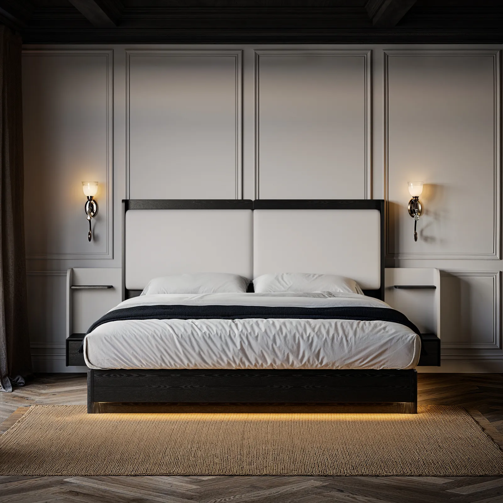 King Solid Wood Bed with Leather Extended Headboard and Floating Smart Nightstand Set