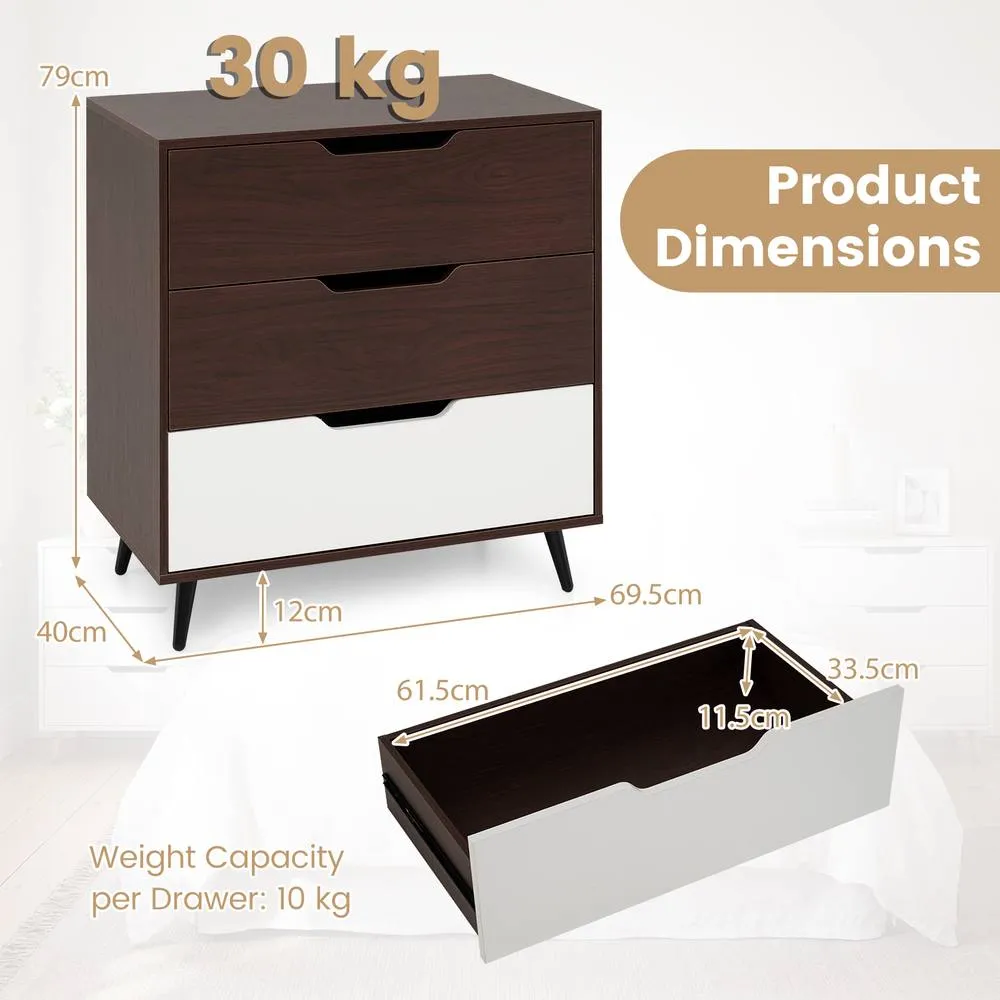 Costway Modern 3-Drawer Dresser Wooden Nightstand Metal Legs in Brown 2