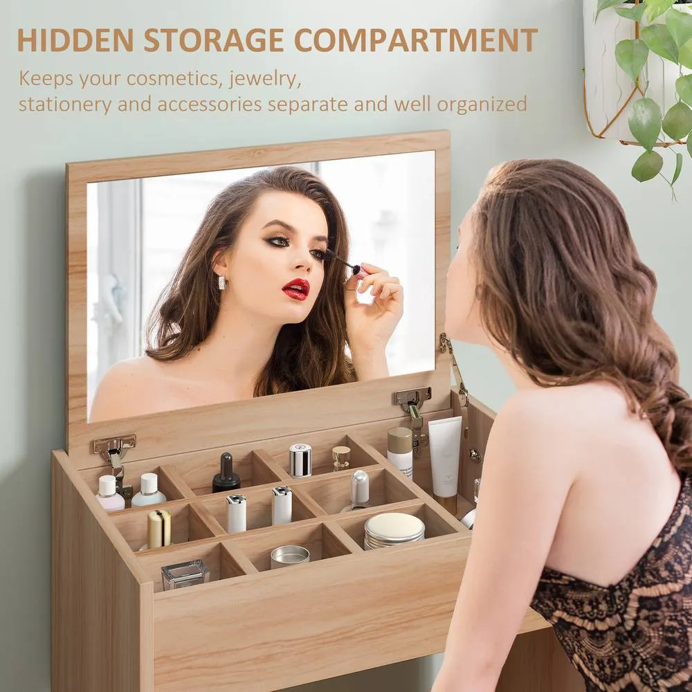 HOMCOM Dressing Table Set Padded Stool with Flip-up Mirror Multi-purpose in Natural 5