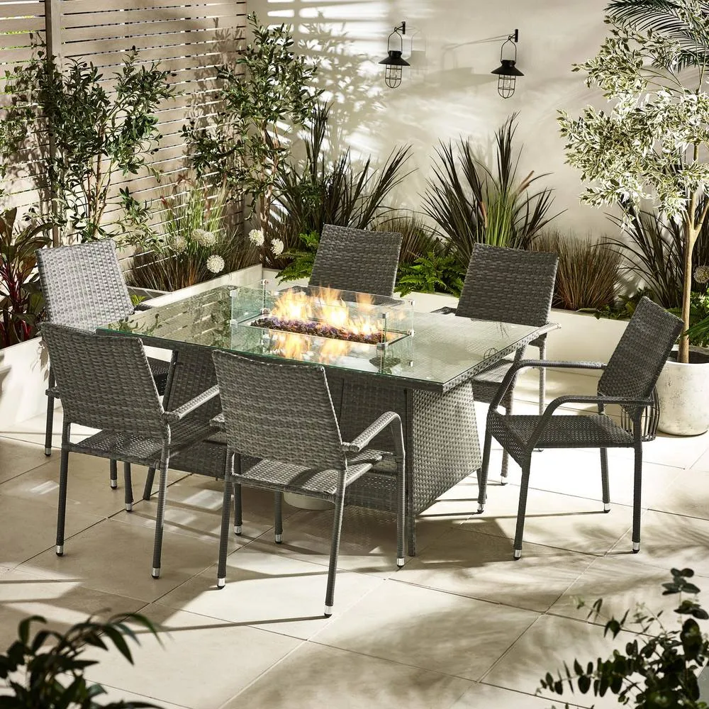 FurnitureboxUK Marbella 6 Seat Rattan Firepit Table Garden Dining Set in Grey