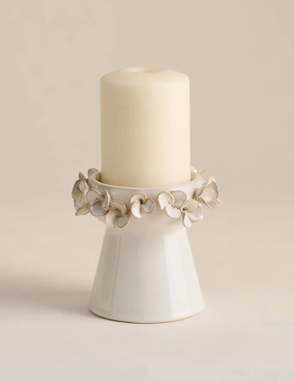 M&S Petal Ceramic Pillar Candle Holder Soft White