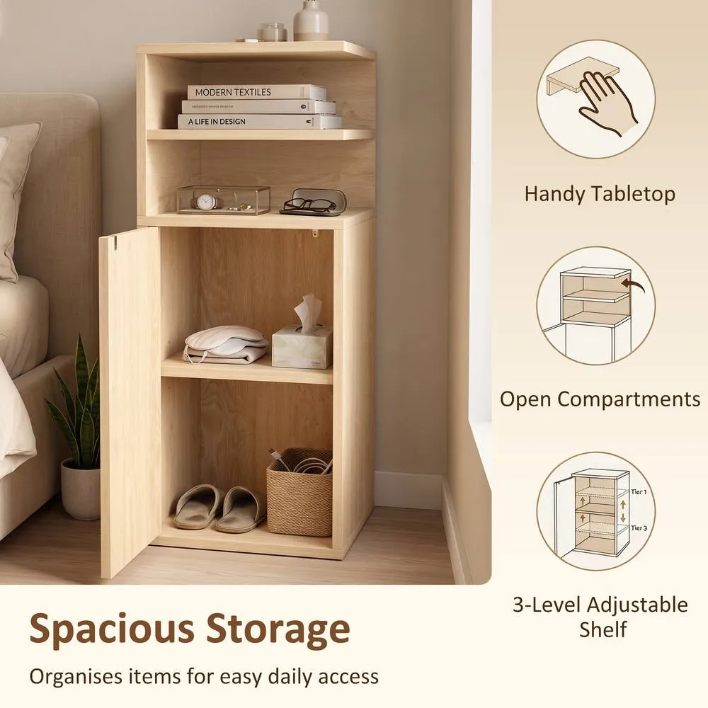 HOMCOM Slim Bedside Table Set of 2 with Open Cubbies & Cupboard in Light Oak 6