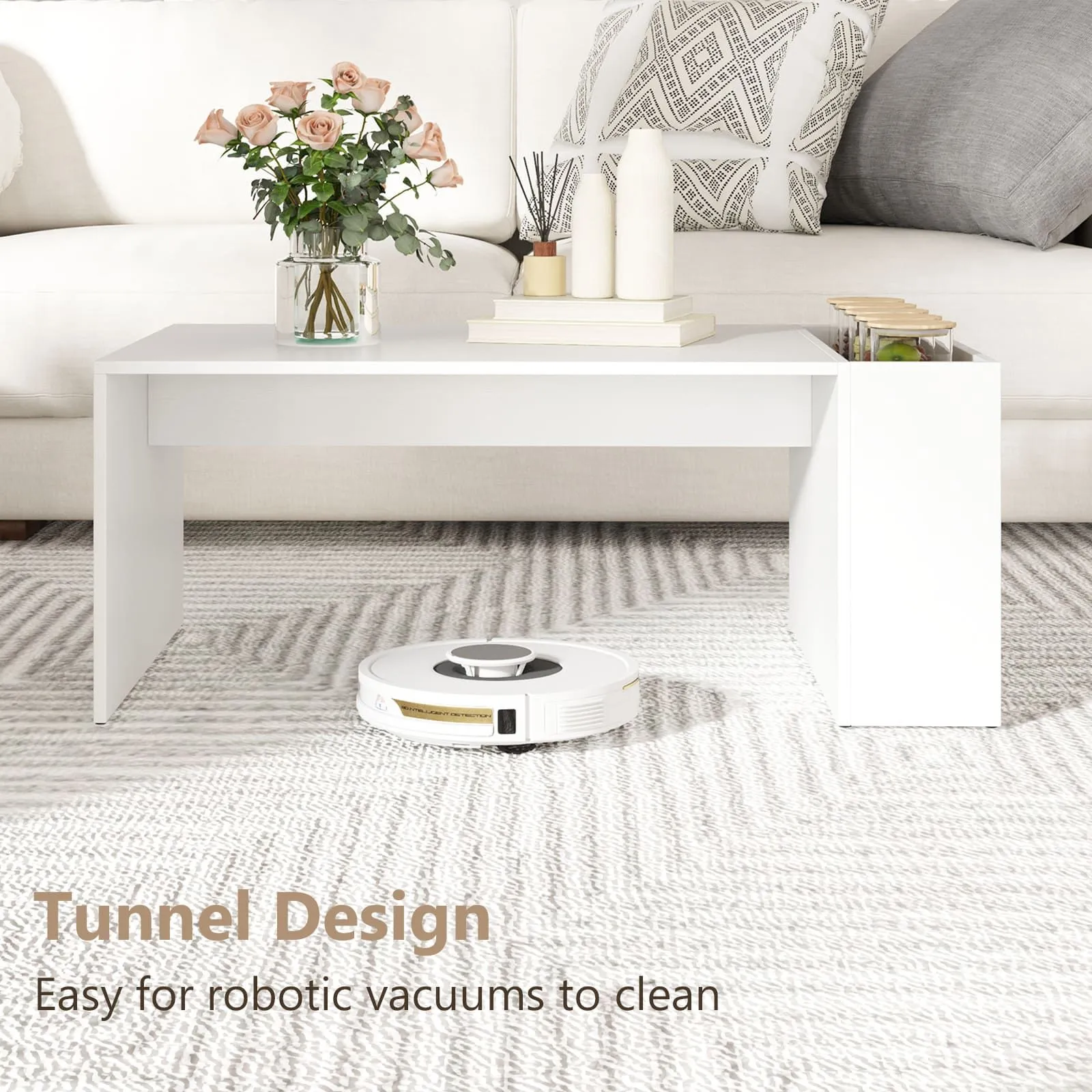 Costway Coffee Table 85cm Coffee Table with Double-Layer Storage Space in White 6