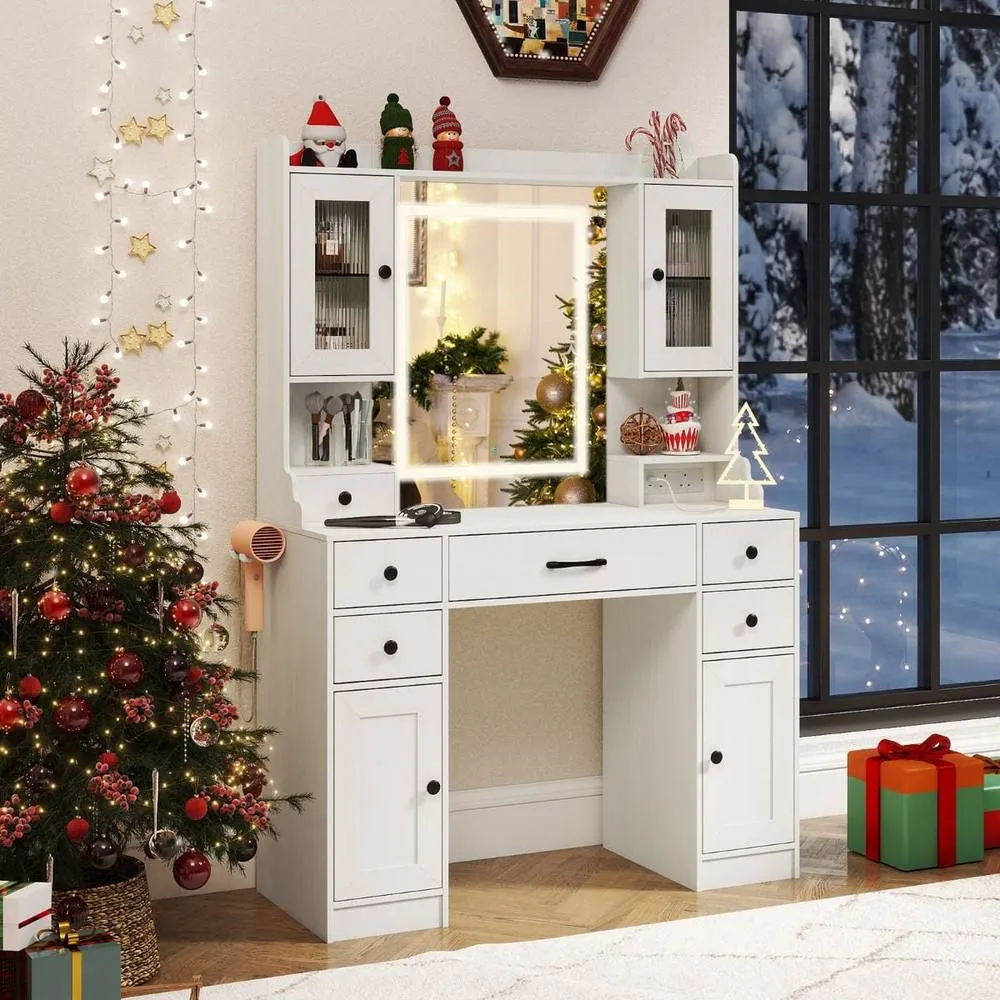Costway Modern Dressing Table Vanity Desk with Mirror & Lights in White 4