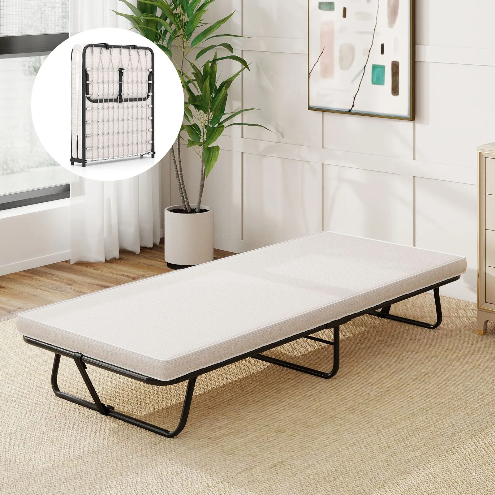 Costway 190 x 80 cm Folding Bed Portable Guest Bed with Mattress in Beige 6