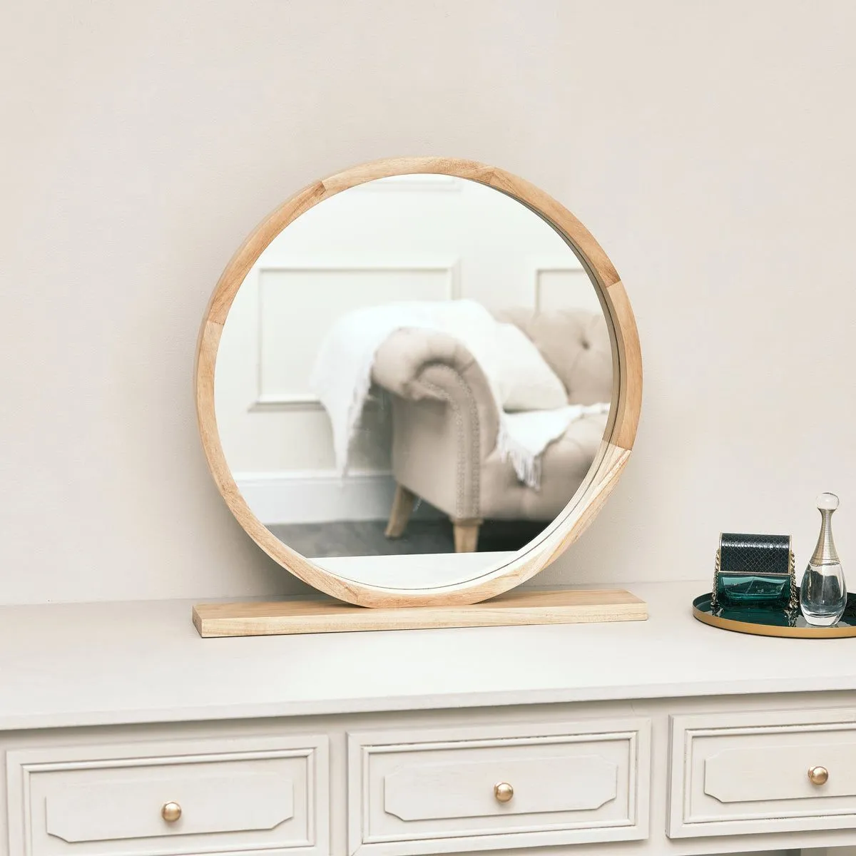 Melody Maison Round Wooden Freestanding Table Top Mirror in Brown 2