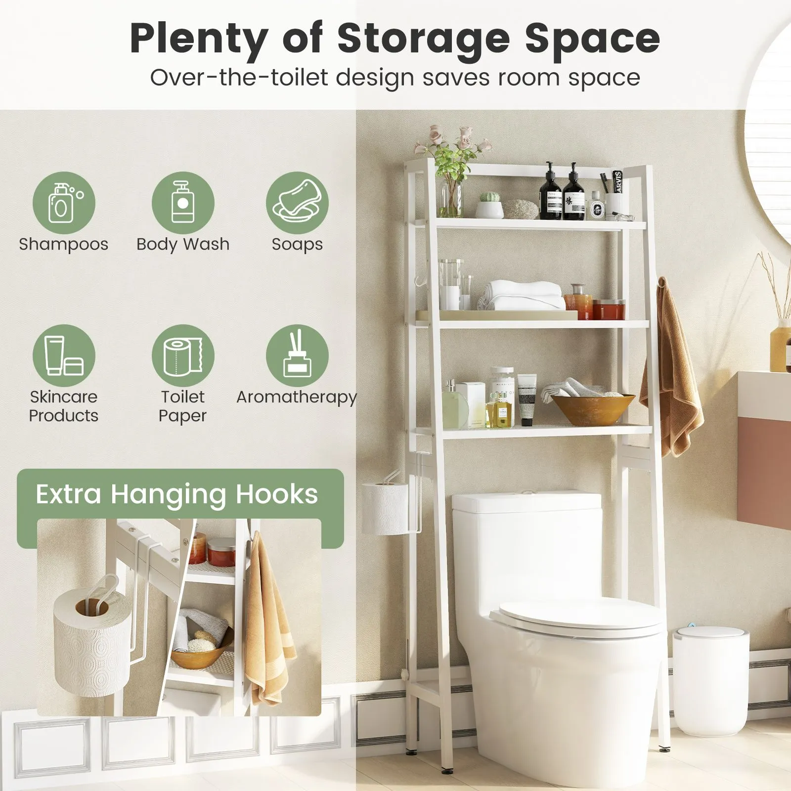 Costway Over The Toilet Storage Shelf 3 Tiers Standing Above Toilet Rack Stand in White 6