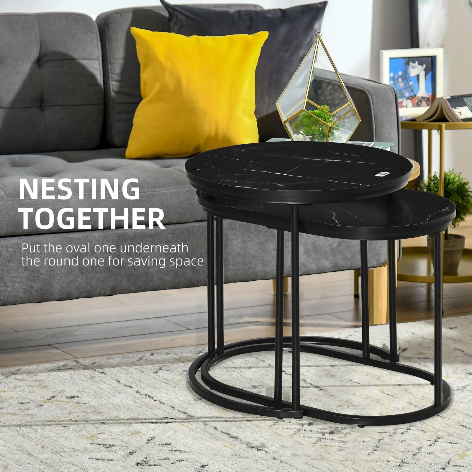 HOMCOM 2 Pcs Modern Coffee Table with Faux Marble Tabletop Black 4