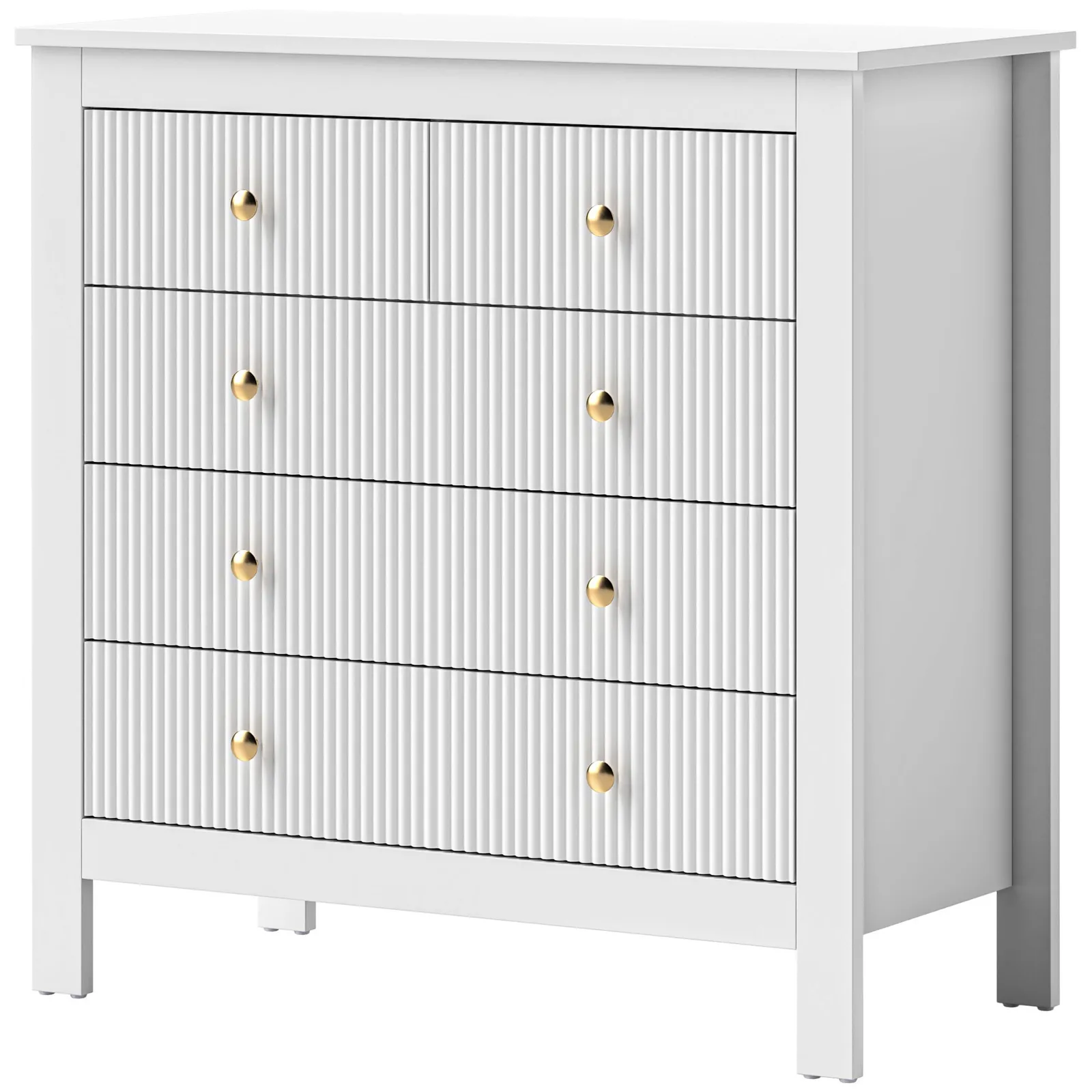 HOMCOM Fluted Bedroom Chest of Drawers w/ 5 Drawers Gold Tone Handles in White 2