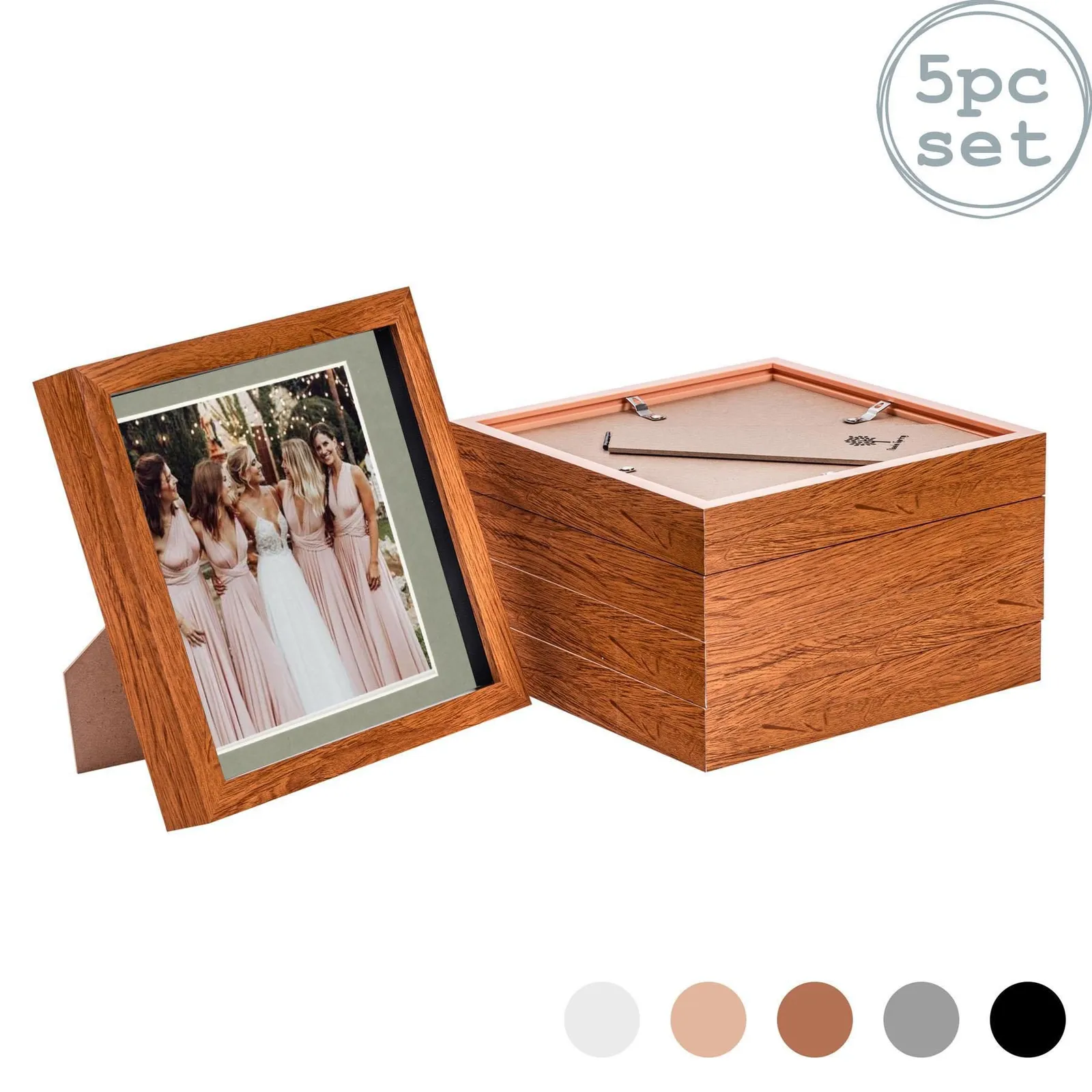 Nicola Spring 3D Box Photo Frames - 8 x 8" with 6 x 6" Mount - White Mount - Pack of 5 in Dark Brown