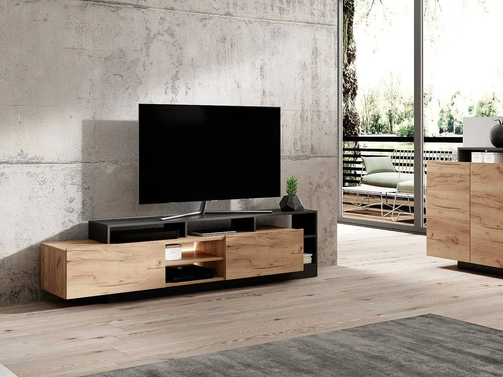 Vente-unique 2 - Door TV Unit With 6 Recesses & Leds - Light Natural Colour and in Grey