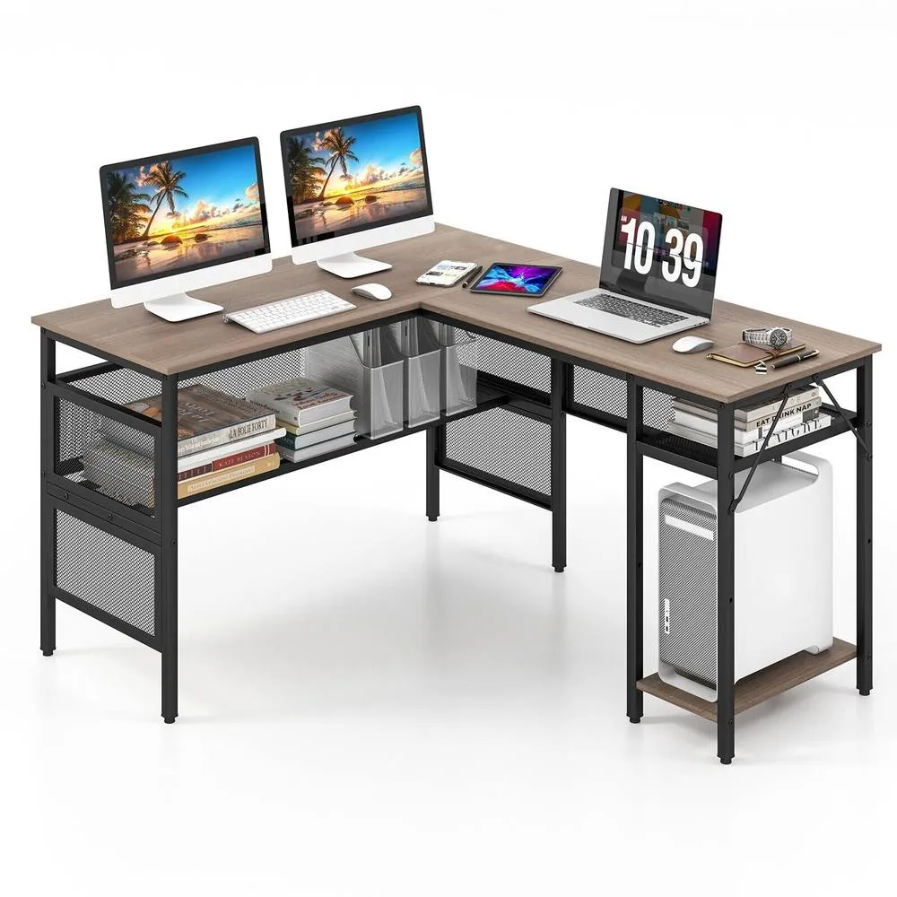 Costway L-Shaped Computer Desk Reversible Corner Workstation w/ Mesh Storage in Grey 6