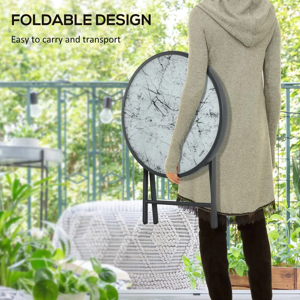 OUTSUNNY Round Folding Side Table w/ Imitation Marble Glass Top in White 4