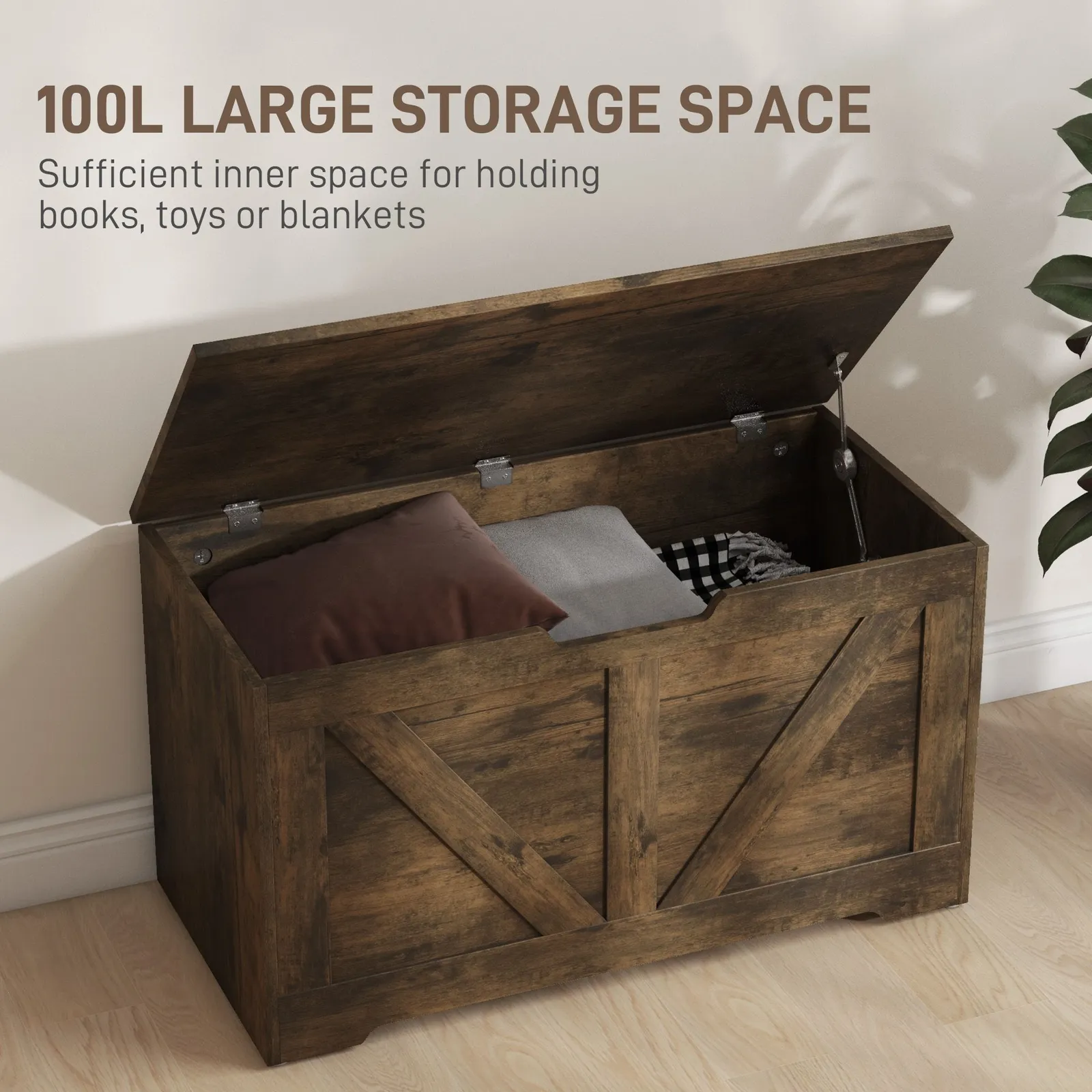 HOMCOM Storage Trunk for Living Room, with Safety Hinge, 80cm, Rustic Brown 4