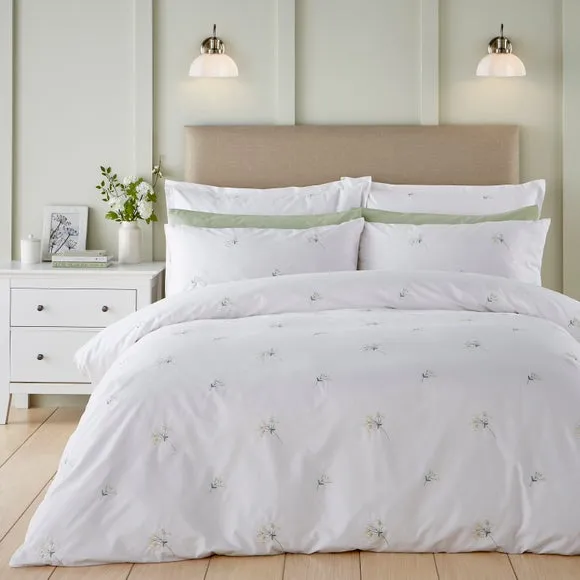 Emma Cow Parsley Embroidery 100% Cotton Sateen Duvet Cover & Pillowcase Set