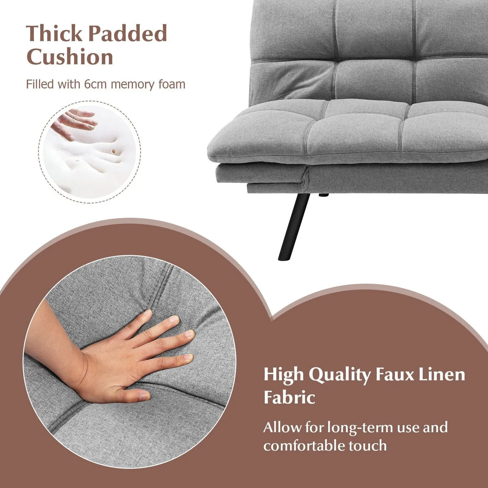 Costway 2 Seat Convertible Loveseat Sofa Bed Memory Foam Sleeper Couch 3-level Adjust in Grey 6