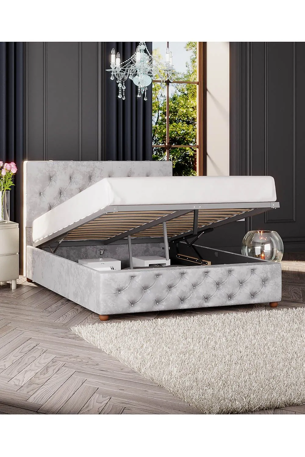 Laurence Llewelyn-Bowen Luna Ottoman Storage Bed in Mirazzi Velvet Fabric, Custom Made in Silver 2