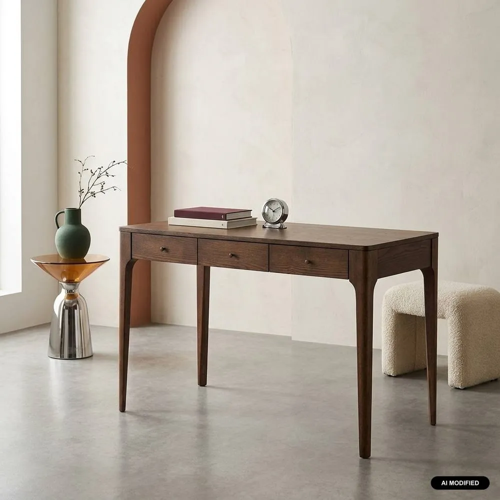 sweeek Rubberwood desk with 3 drawers ash veneer in Dark Brown