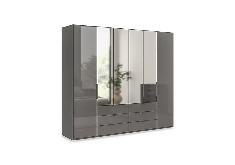 Amara 250cm 6 Door Combi Wardrobe with 4 Mirror Doors, 2 Glass Doors and 6 Glass Drawers - Lava