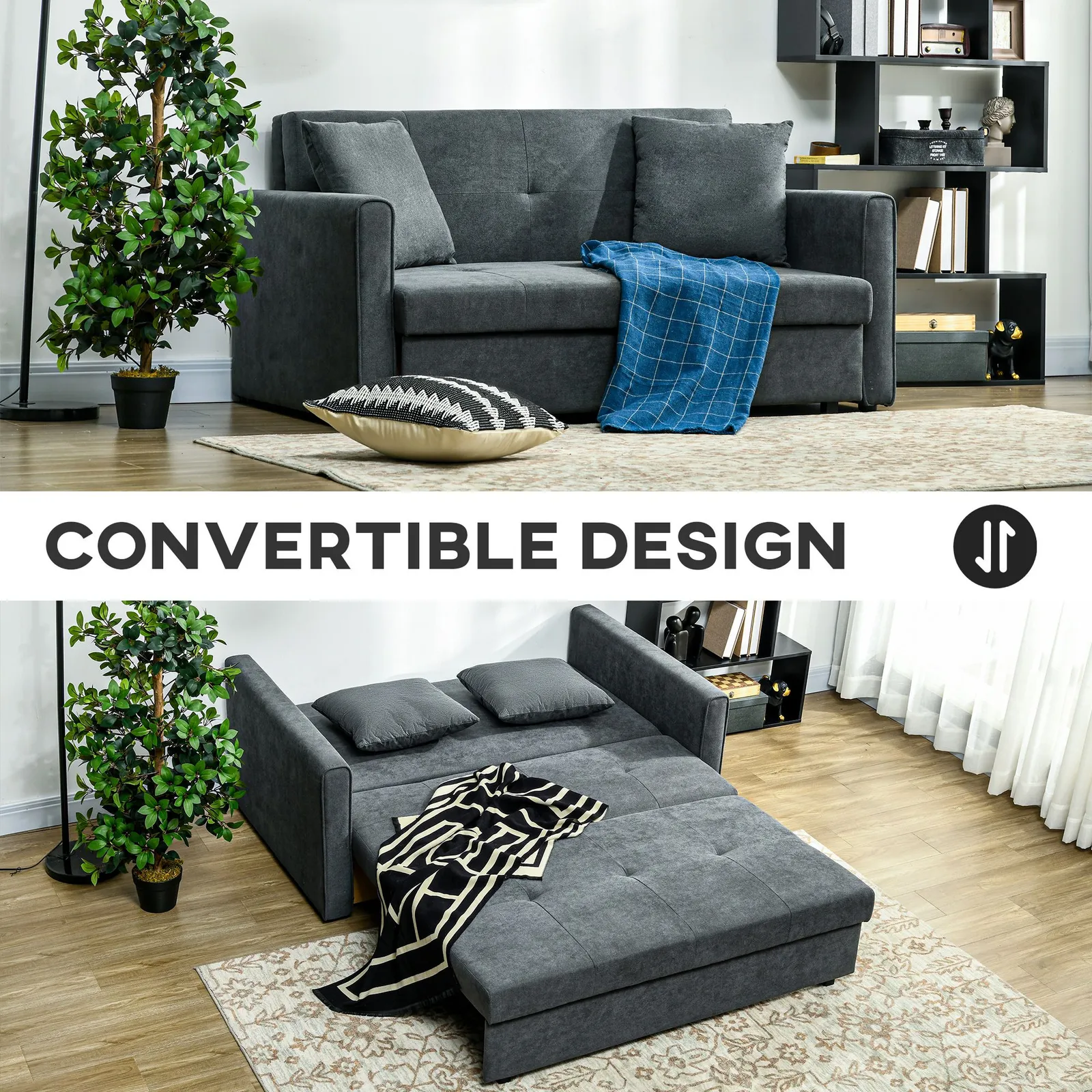 HOMCOM Convertible 2 Seater Sofa Bed with 2 Cushions Storage for Living Room in Dark Grey 4