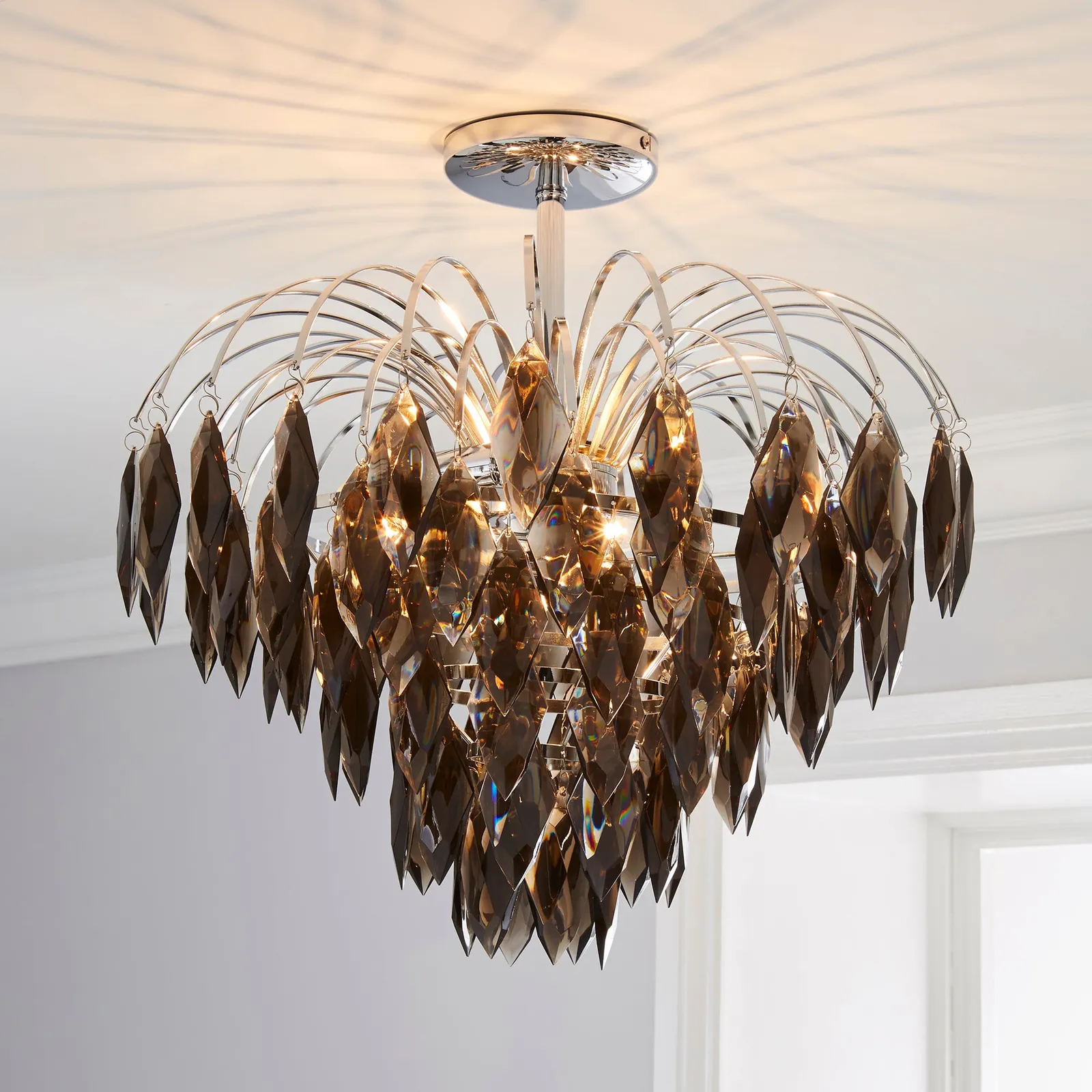 Parla 3 Light Smoked Jewels Semi-Flush Ceiling Fitting Grey and Brown