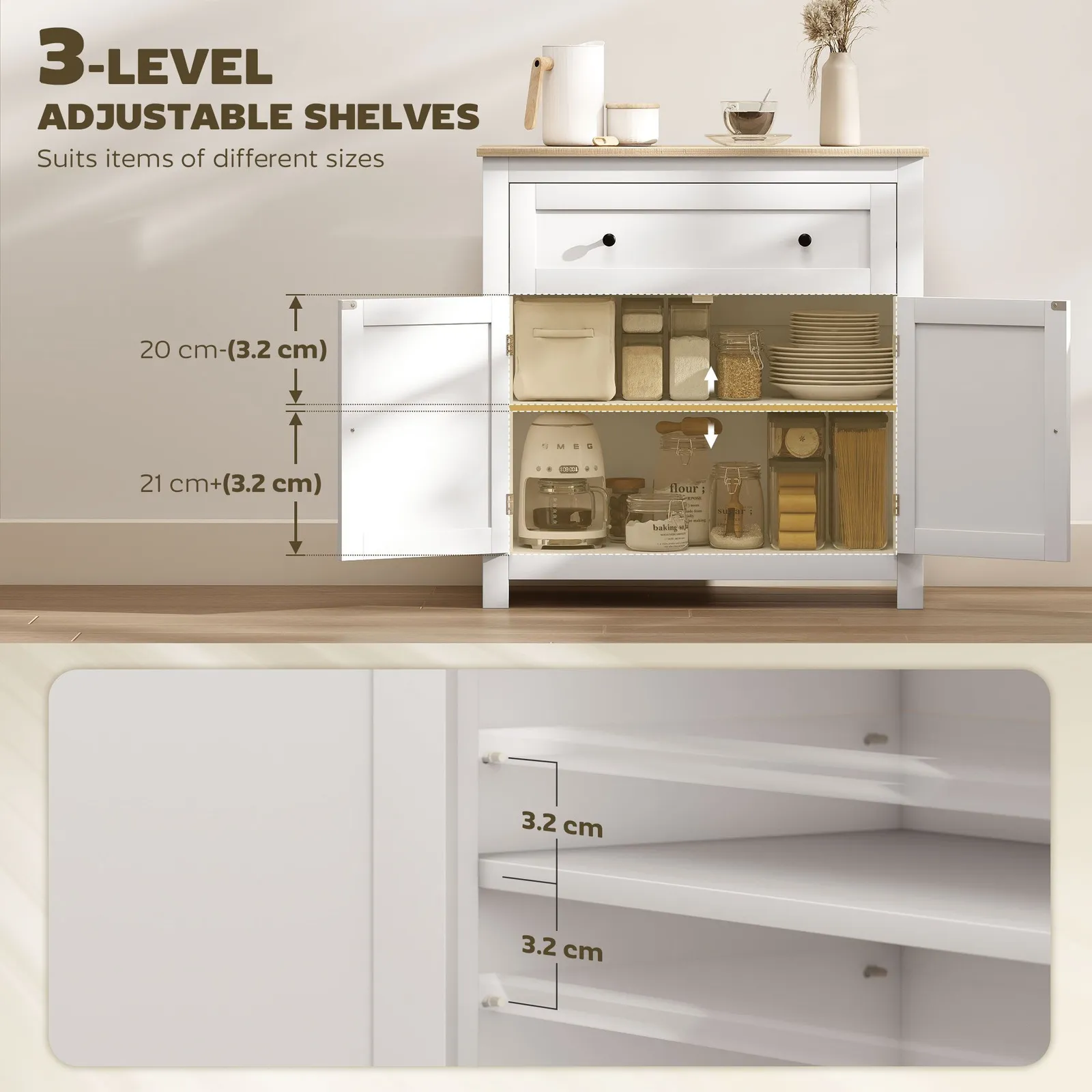 HOMCOM Sideboard Storage Cabinet with Adjustable Shelf, Drawer in White 6