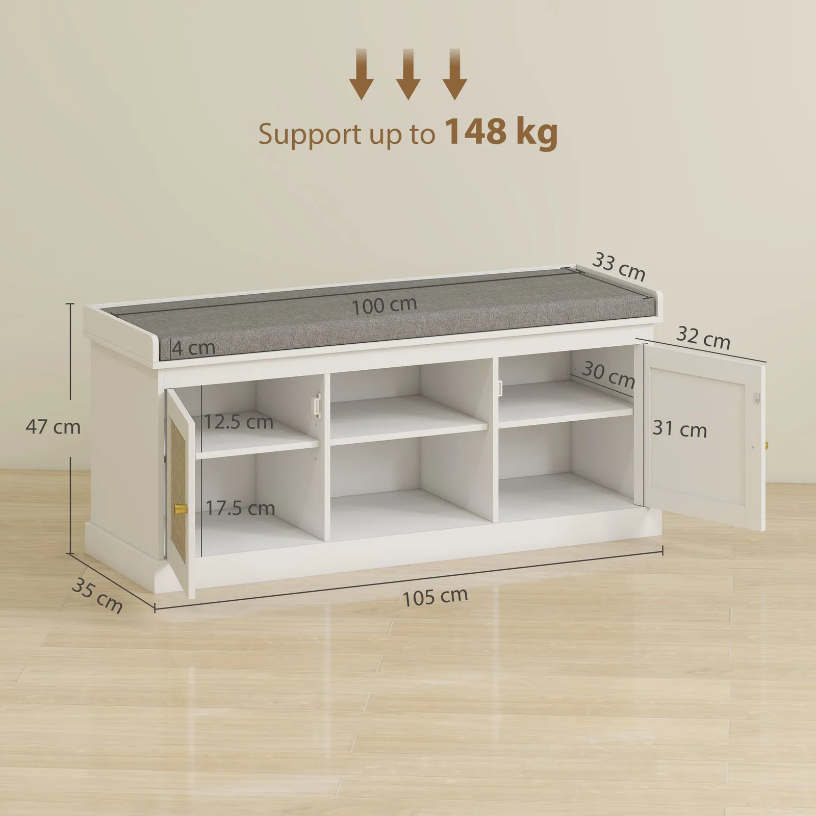 HOMCOM Shoe Bench, Boho Shoe Storage Bench with Padded Cushion, White 3