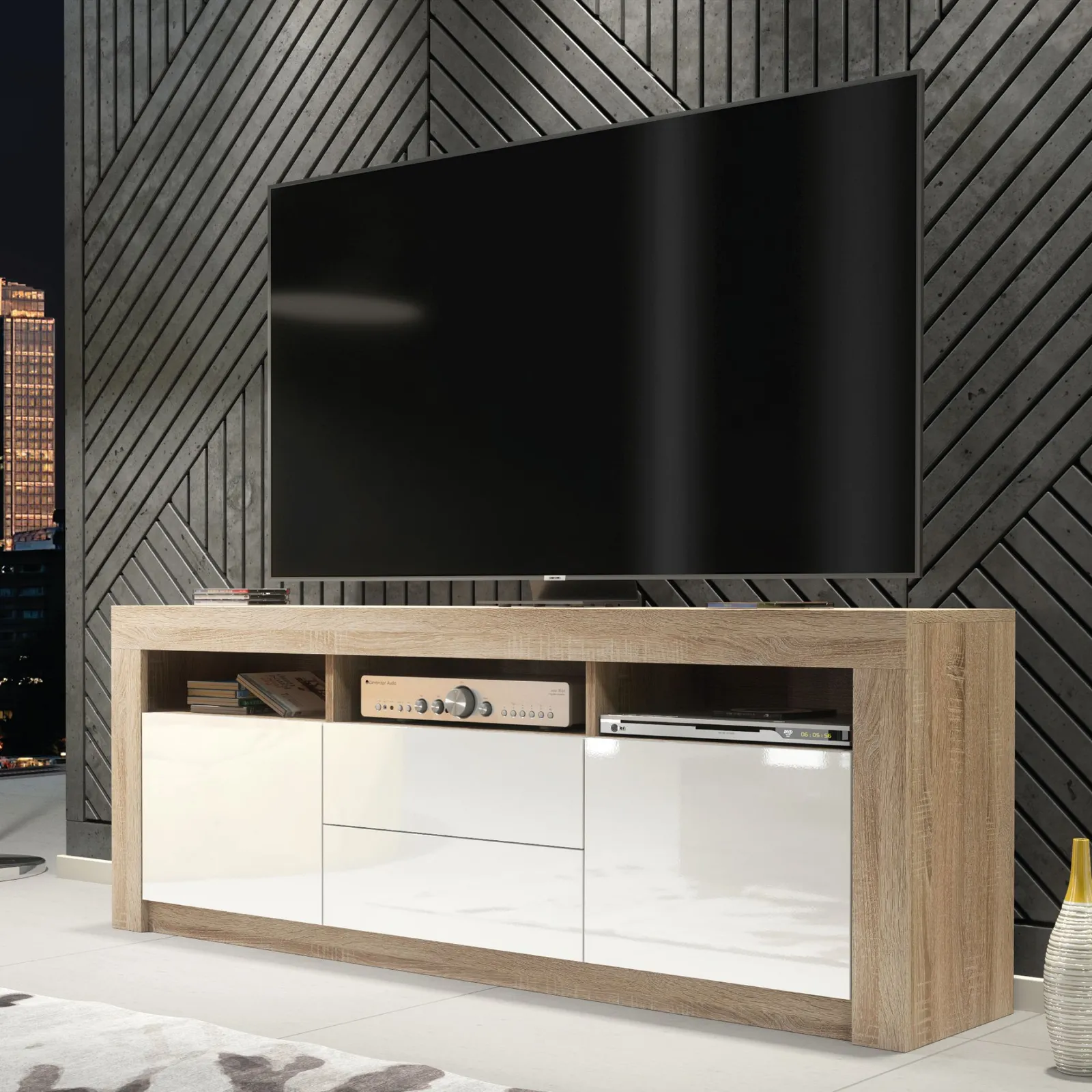 Creative Furniture TV Unit 160cm Modern - Oak with High Gloss White Doors in Light Oak