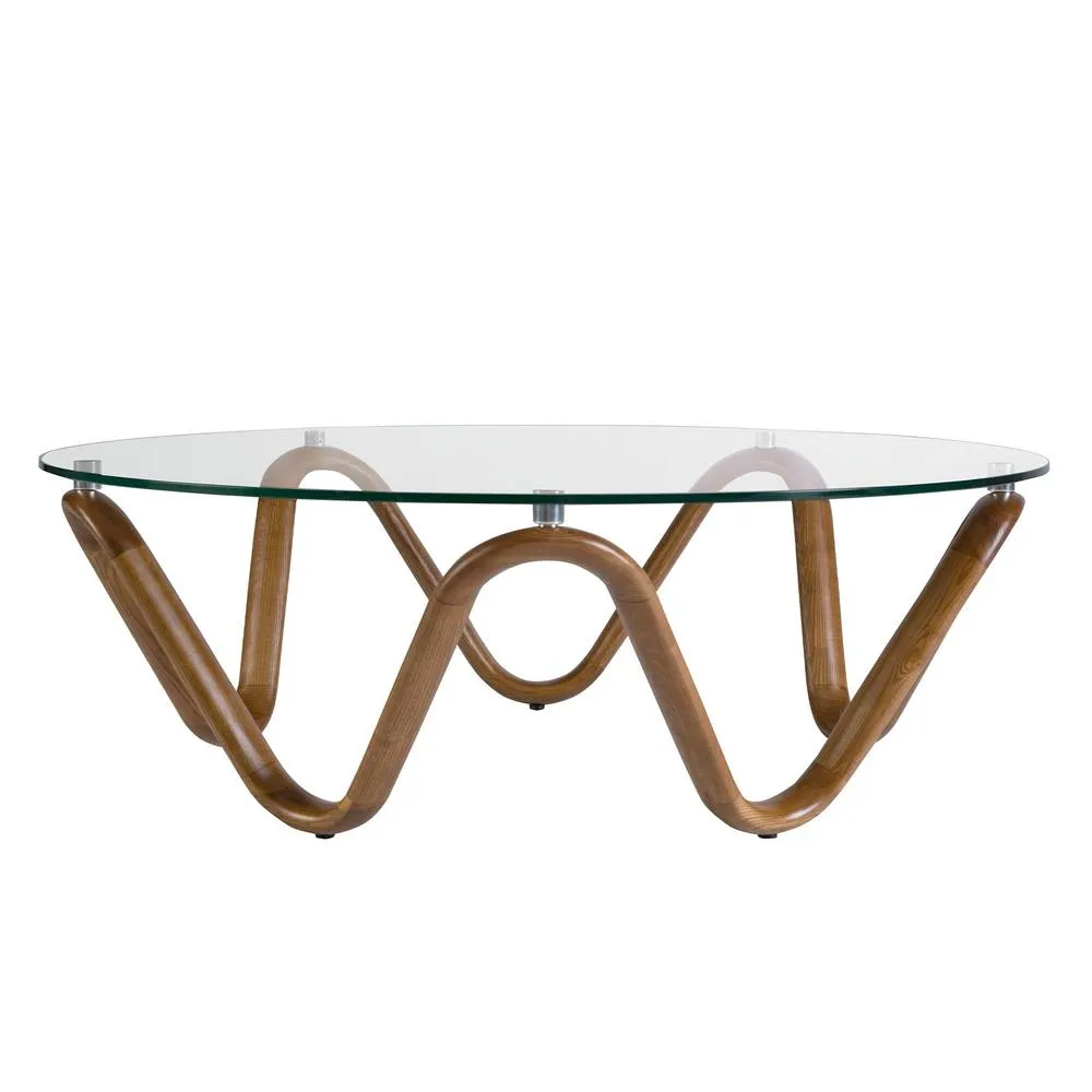 Angel Cerda Round Coffee Table Tempered Glass Top, Walnut-Colour in Brown 2