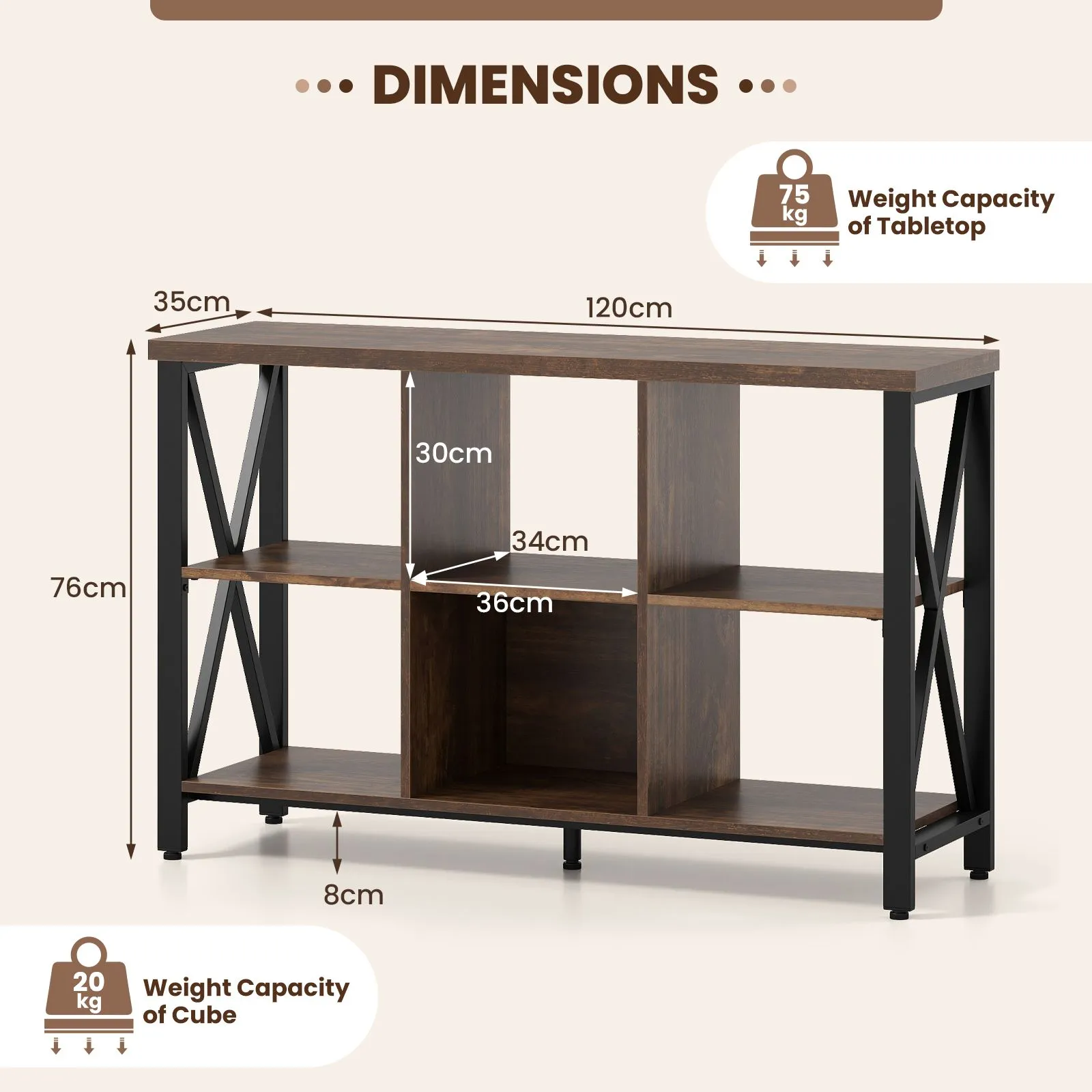 Costway 6-Cube Storage Organizer 120CM Wide Bookshelf w/Open Compartments in Brown 2