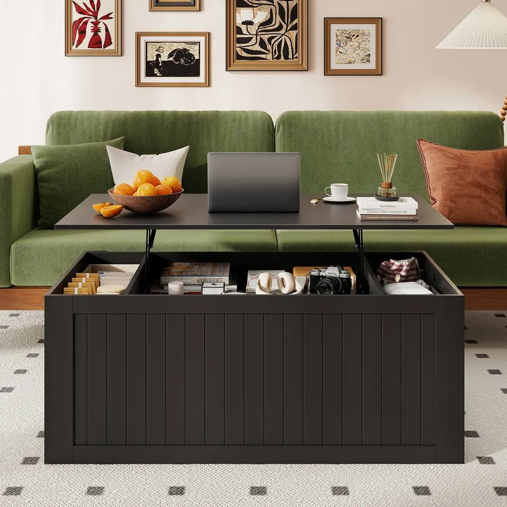 Costway 120 cm Farmhouse Center Table Lift Top Coffee Table with Doors Black 5