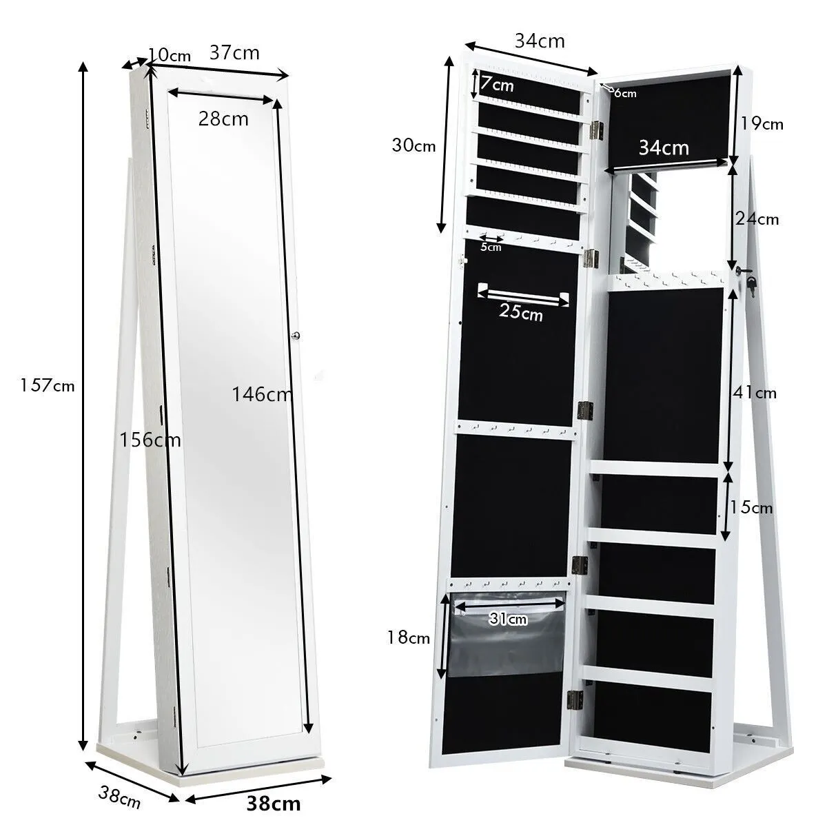 Costway 3in1 Jewelry Cabinet FullLength Mirrored Jewelry Armoire Jewelry Organizer in White 2