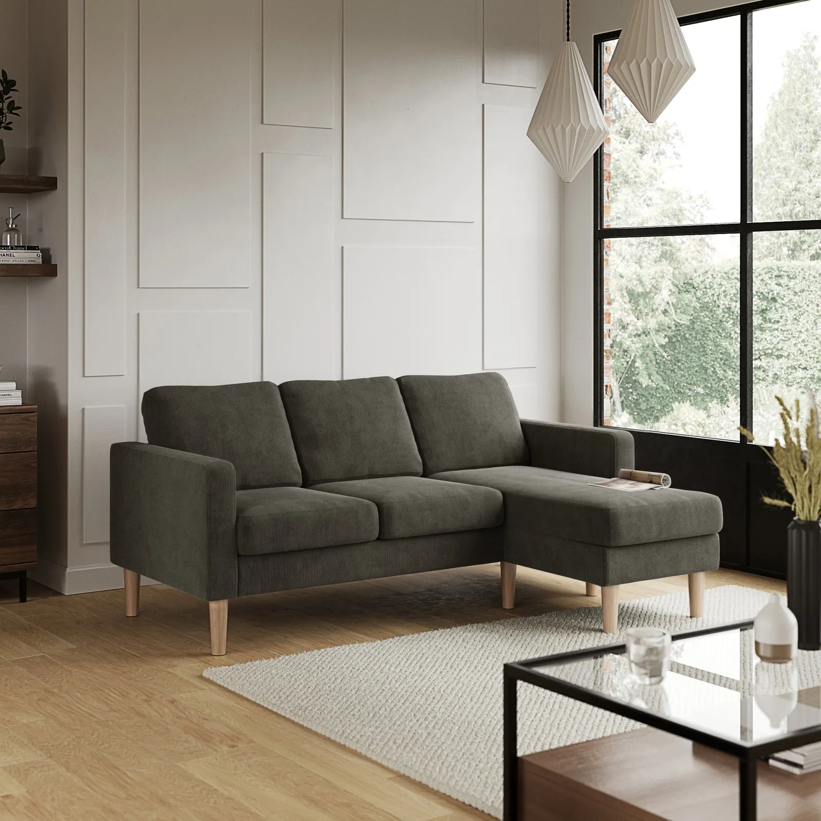 Jacob Cord Compact Corner Chaise Sofa Charcoal