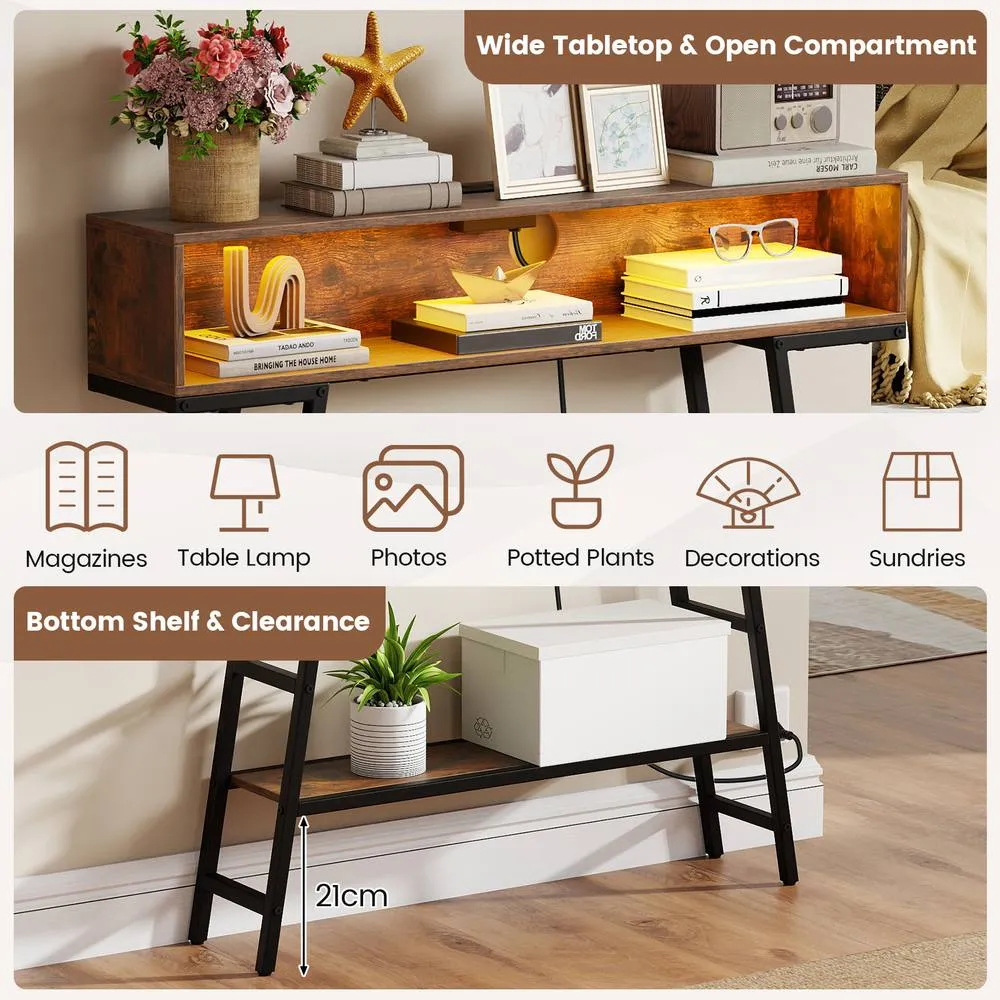 Costway 3-Tier Console Table Entryway Table Narrow Sofa Table w/ LED Light in Brown 4