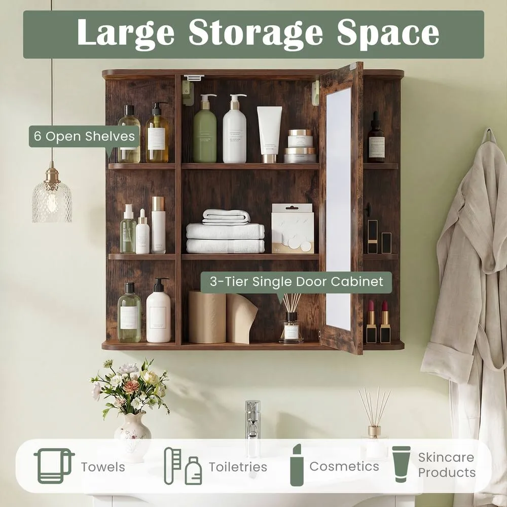 Costway Bathroom Wall Cabinet Modern Wall Mounted Medicine Cabinet with Mirror in Brown 6